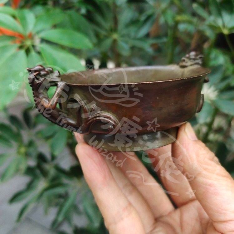 新年ギフト双龍耳香炉 筆舐 銅器 書道具 文房具 工芸品 美術品 置物