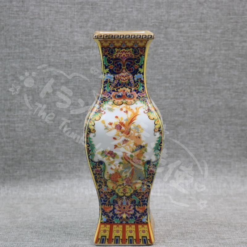 新年ギフト琺瑯彩蒔絵花鳥四方瓶 挿花器 景徳鎮 陶磁器 装飾品 現代