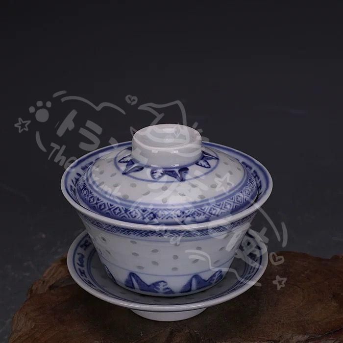 新年ギフト中国茶器 青花玲瓏三才蓋碗 景徳鎮 陶磁器 装飾品 置物