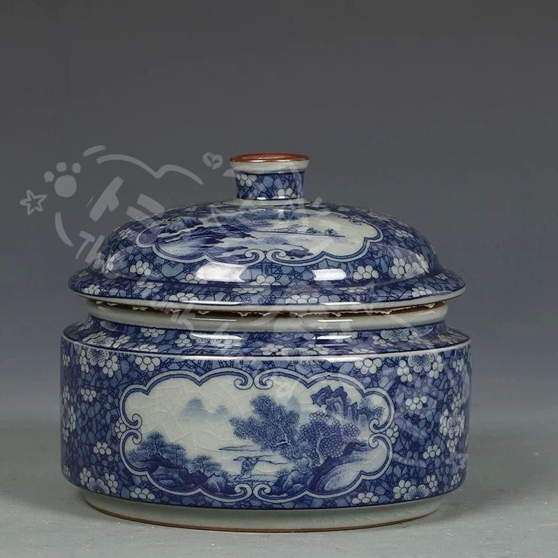新年ギフト青花氷梅山水紋茶缶蓋缶 景徳鎮 陶磁器 装飾品 現代工芸品