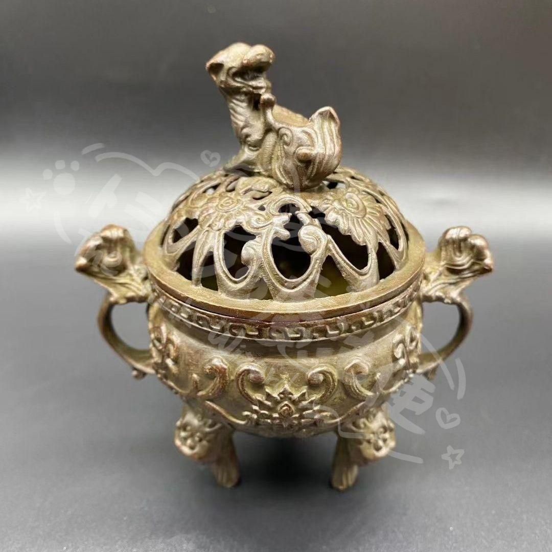 香炉 獅子 瑞獣柄　銅製 置物 開運 風水 古美術 インテリア　アンティーク 新年ギフト瑞獣獅子銅香炉 香道具 工芸品 美術品 置物CZW1207P490