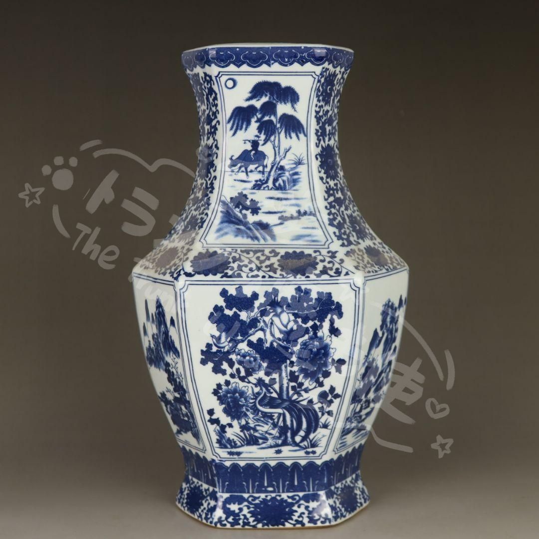 新年ギフト中国美術 青花山水花鳥紋六方扁瓶 景徳鎮 陶磁器 装飾品