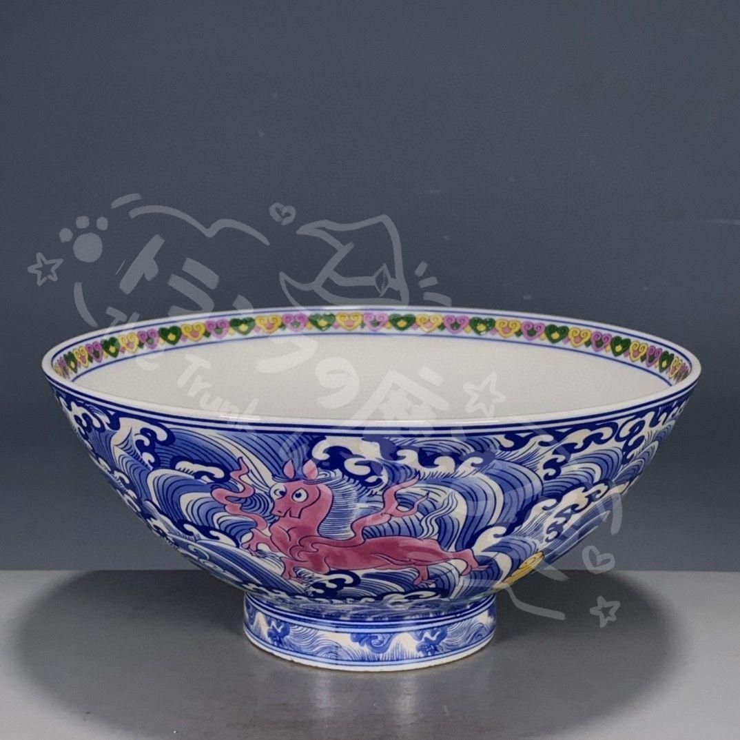 新年ギフト青花粉彩飛馬碗 景徳鎮 陶磁器 装飾品 現代工芸品 美術品