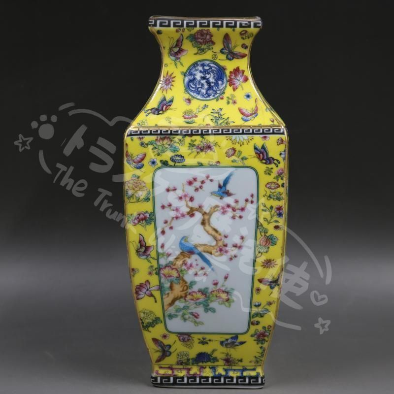 新年ギフト清乾隆琺瑯彩飄花黄地花鳥四方瓶 景徳鎮 陶磁器 装飾品 現代