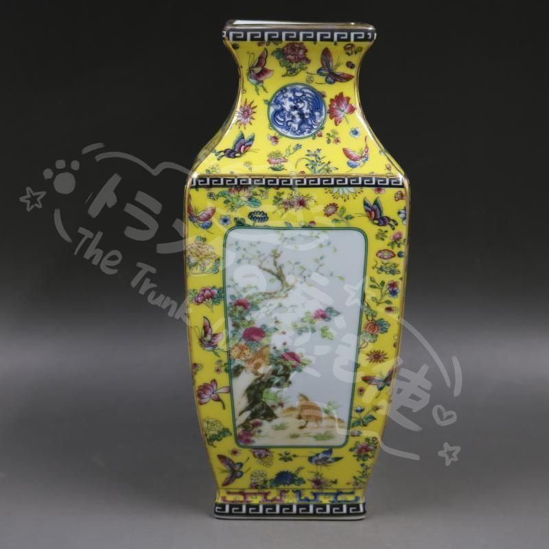 新年ギフト清乾隆琺瑯彩飄花黄地花鳥四方瓶 景徳鎮 陶磁器 装飾品 現代