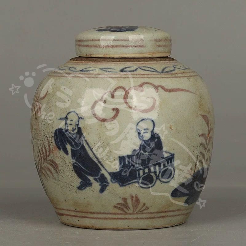 景徳鎮 陶磁器 青花喜字円缶 茶筒物入れ 装飾品 工芸品 美術品 置物 新年ギフト元青花人物紋茶筒 蓋缶 景徳鎮 陶磁器 装飾品 現代工芸品