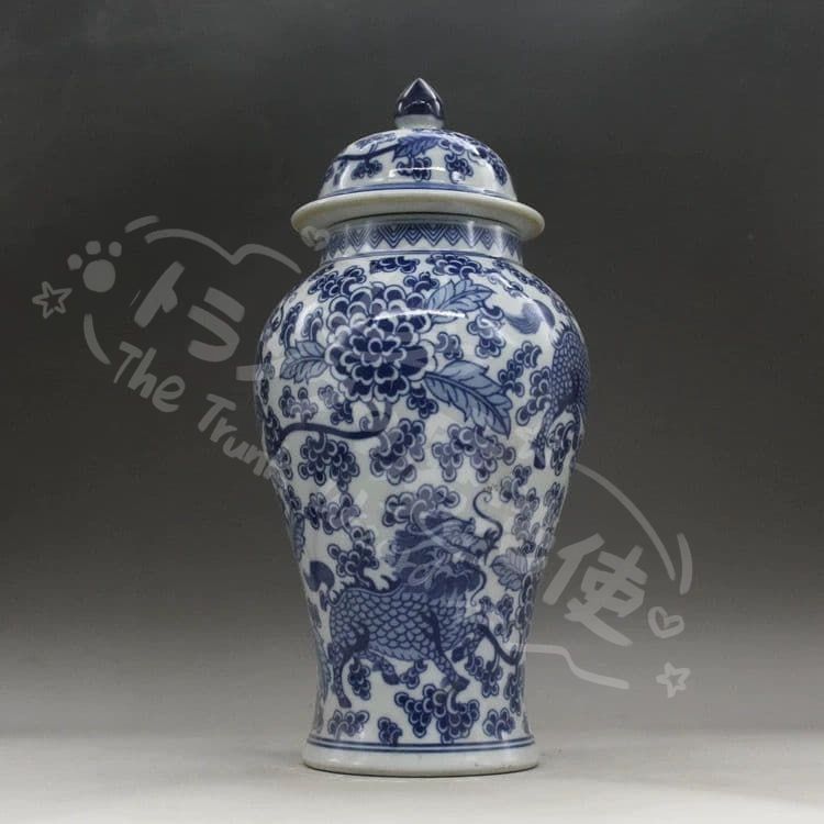 新年ギフト青花釉下彩麒麟花将軍缶 賞物観賞瓶 景徳鎮 陶磁器 現代工芸