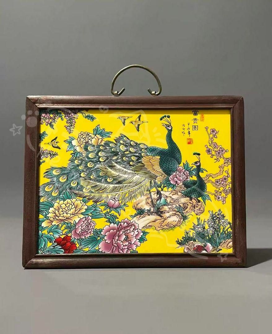 新年ギフト景徳鎮 粉彩花鳥富貴図陶板画 応接間 書斎 茶室 装飾品 工芸