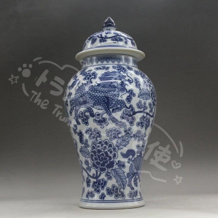 新年ギフト青花釉下彩麒麟花将軍缶 賞物観賞瓶 景徳鎮 陶磁器 現代工芸