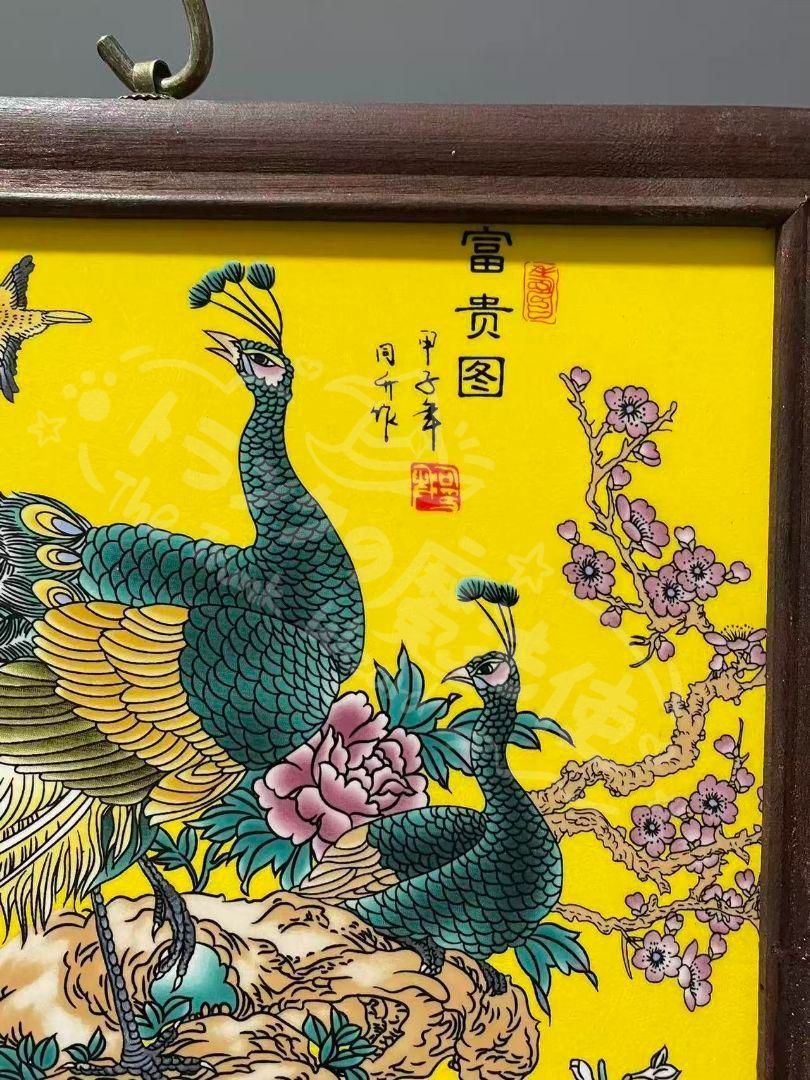 新年ギフト景徳鎮 粉彩花鳥富貴図陶板画 応接間 書斎 茶室 装飾品 工芸