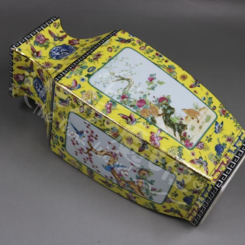 新年ギフト清乾隆琺瑯彩飄花黄地花鳥四方瓶 景徳鎮 陶磁器 装飾品 現代