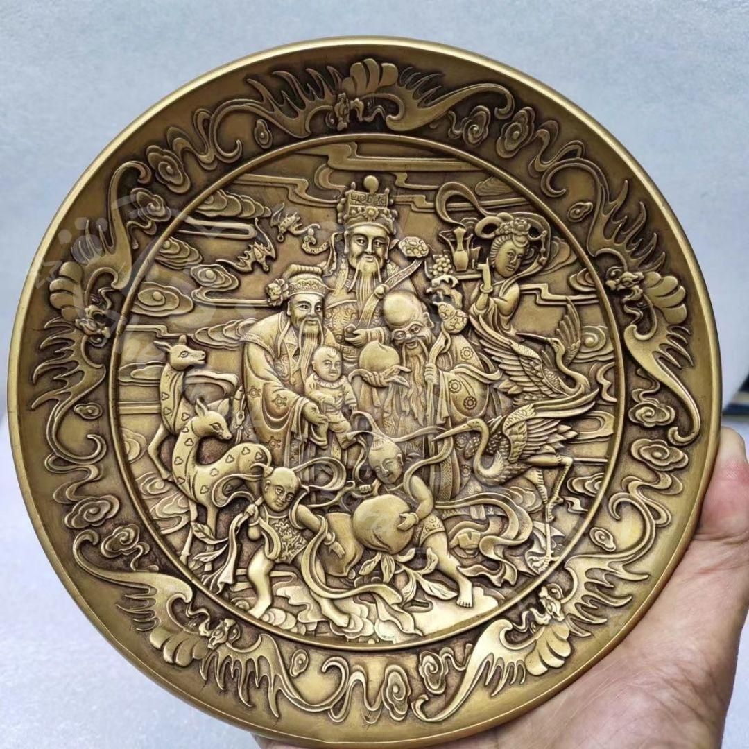 新年ギフト福禄寿の銅盤 銅製 装飾品 工芸品 美術品 置物CZW1207P913