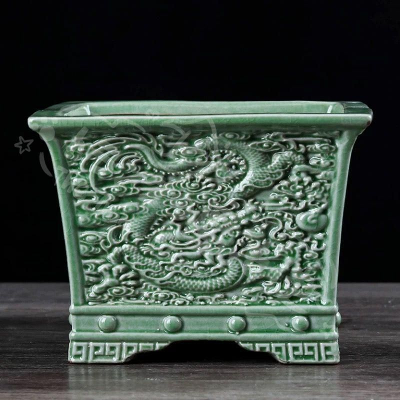 新年ギフト竜遊四海 盆栽鉢 青磁鉢 山野草鉢 多肉植木鉢 小品大品盆栽鉢 陶器鉢置物