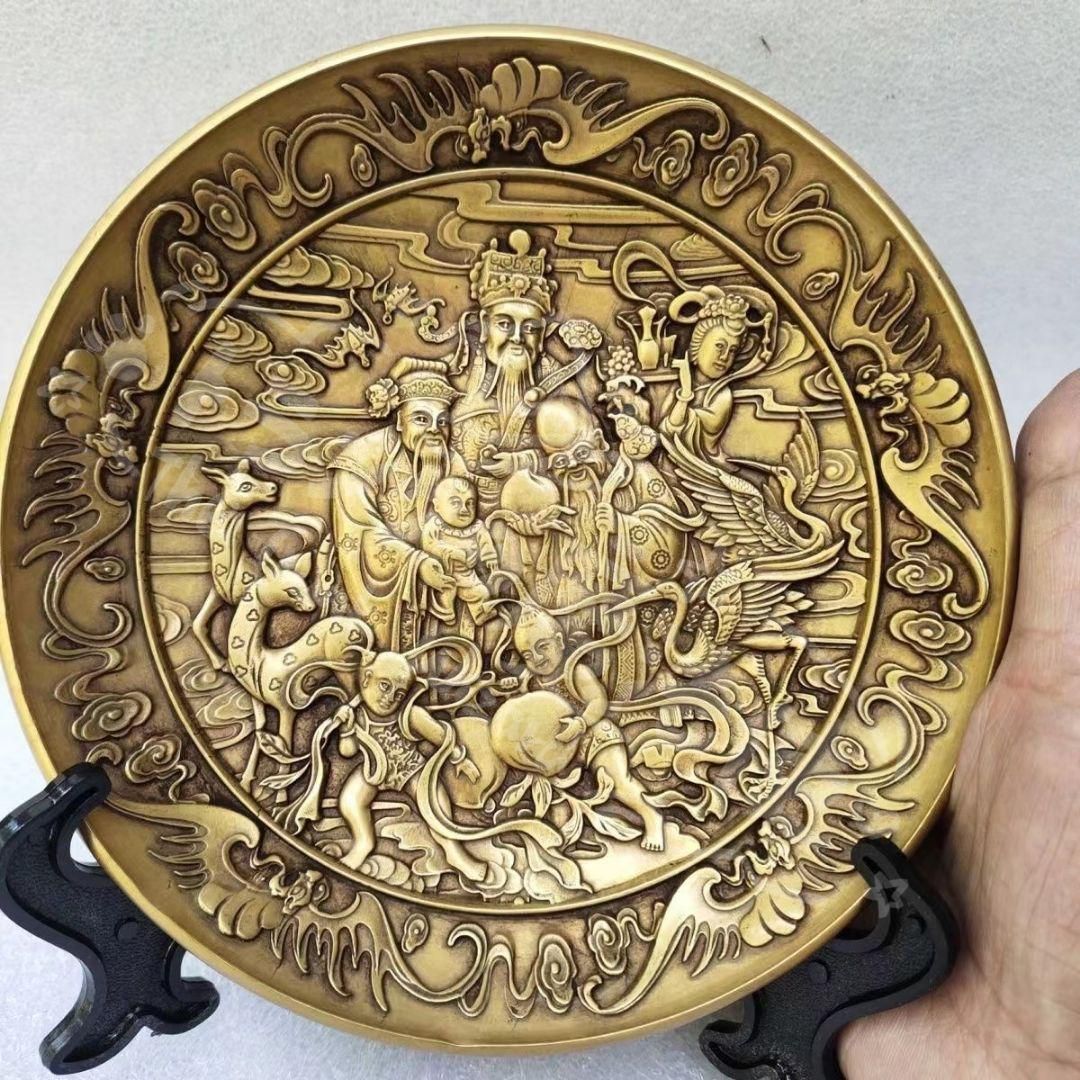 新年ギフト福禄寿の銅盤 銅製 装飾品 工芸品 美術品 置物CZW1207P913