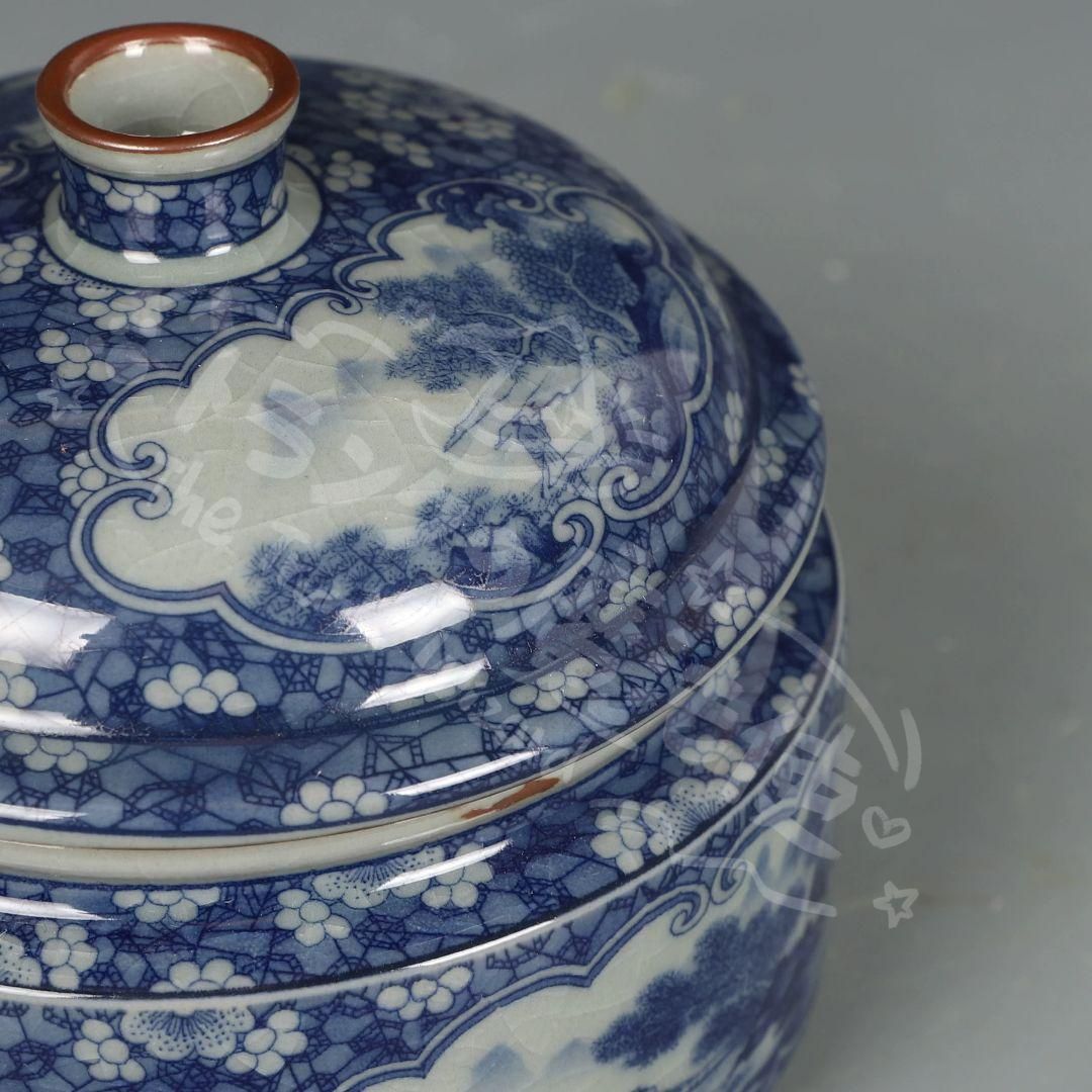 新年ギフト青花氷梅山水紋茶缶蓋缶 景徳鎮 陶磁器 装飾品 現代工芸品
