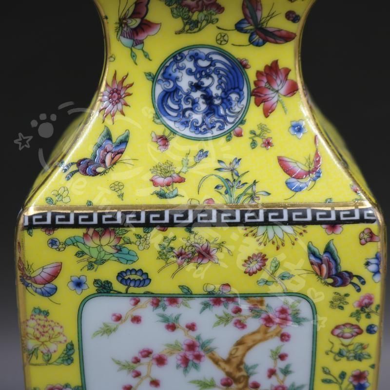 新年ギフト清乾隆琺瑯彩飄花黄地花鳥四方瓶 景徳鎮 陶磁器 装飾品 現代