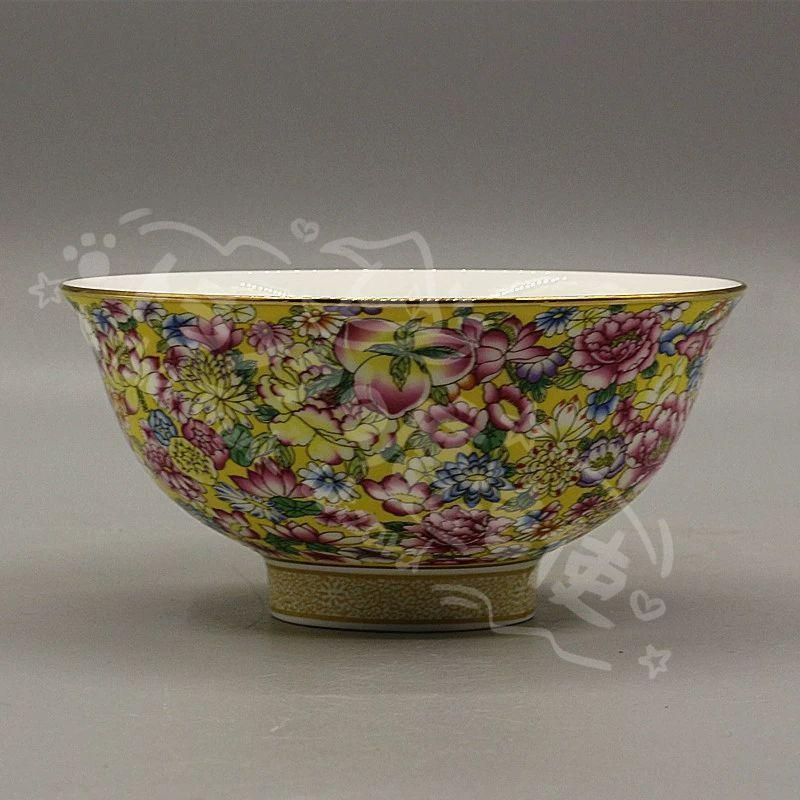 新年ギフト清乾隆蒔金黄底万花琺瑯彩碗 高脚碗景徳鎮 陶磁器 装飾品