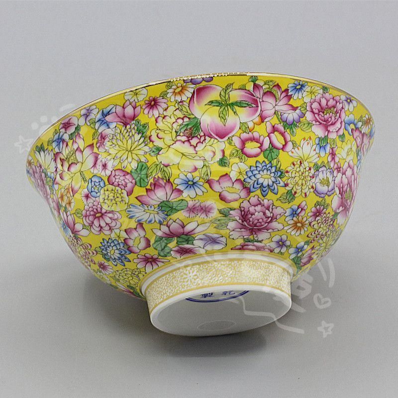 新年ギフト清乾隆蒔金黄底万花琺瑯彩碗 高脚碗景徳鎮 陶磁器 装飾品