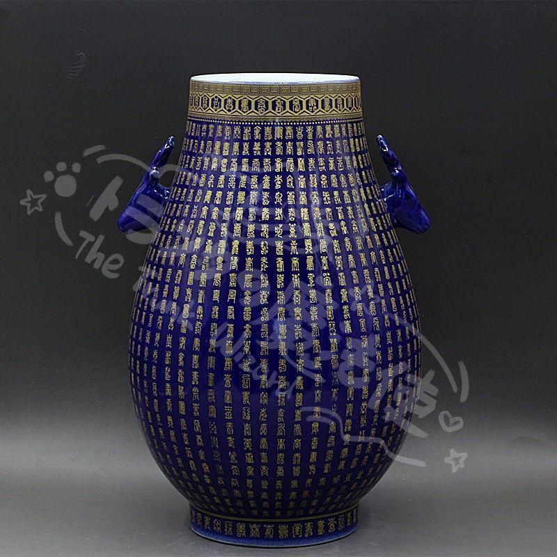新年ギフト霽藍蒔金万寿鹿頭樽 景徳鎮 陶磁器 装飾品 現代工芸品 美術