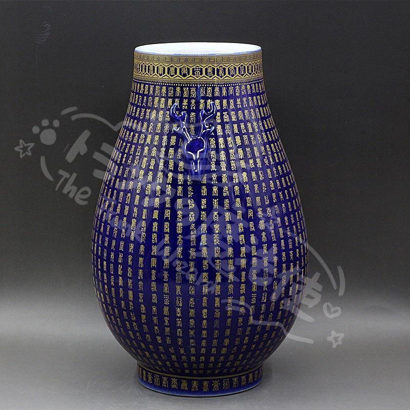 霽藍蒔金万寿鹿頭樽 景徳鎮 陶磁器 装飾品 現代工芸品 美術品 置物 新年ギフト霽藍蒔金万寿鹿頭樽 景徳鎮 陶磁器 装飾品 現代工芸品 美術