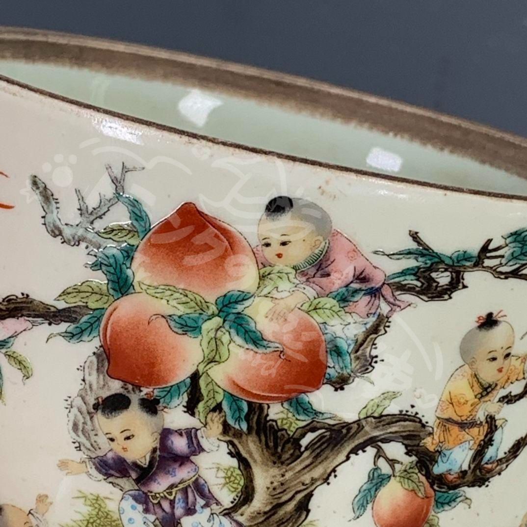 新年ギフト粉彩九子蟠桃人物蓋缶茶筒 工芸品 美術品 置物CZW1207P485