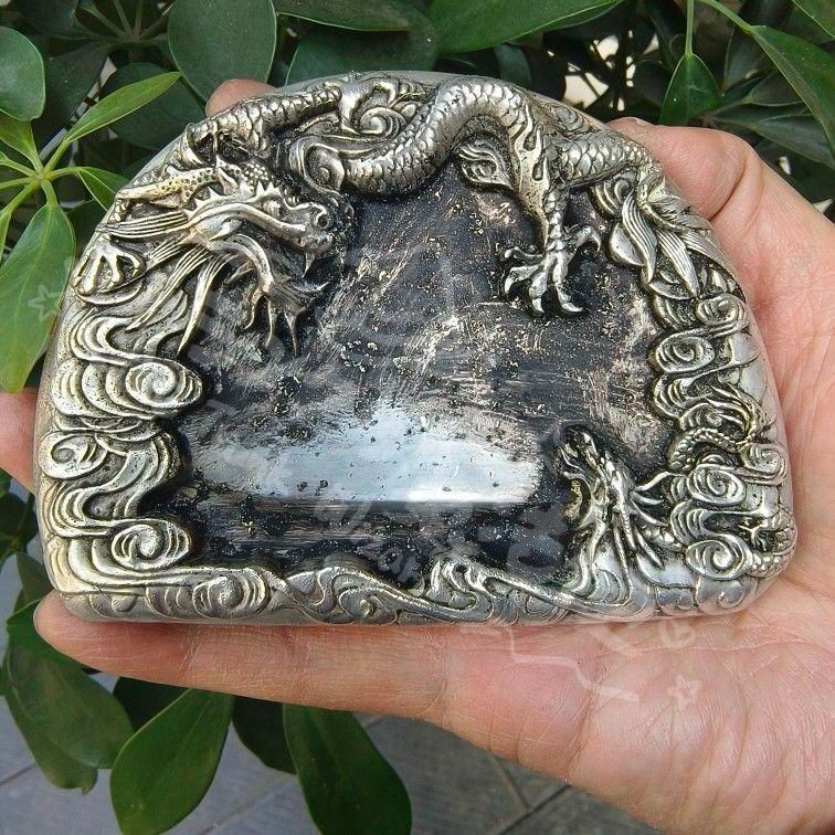  新年ギフト双竜硯 書道具 文房具 現代 置物 金属工芸 工芸品