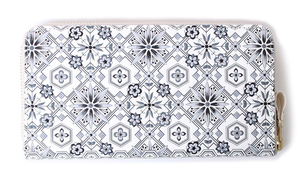 浅草文庫 友禅染 長財布 花菱 はなびし 柄 江戸小紋 財布 ラウンドファスナー 本革 モノトーン