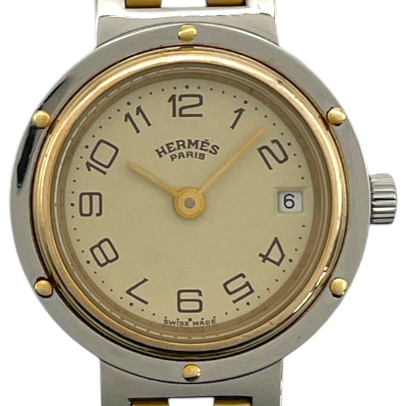 エルメス HERMES クリッパー ベージュ GP SS クオーツ レディース 腕時計