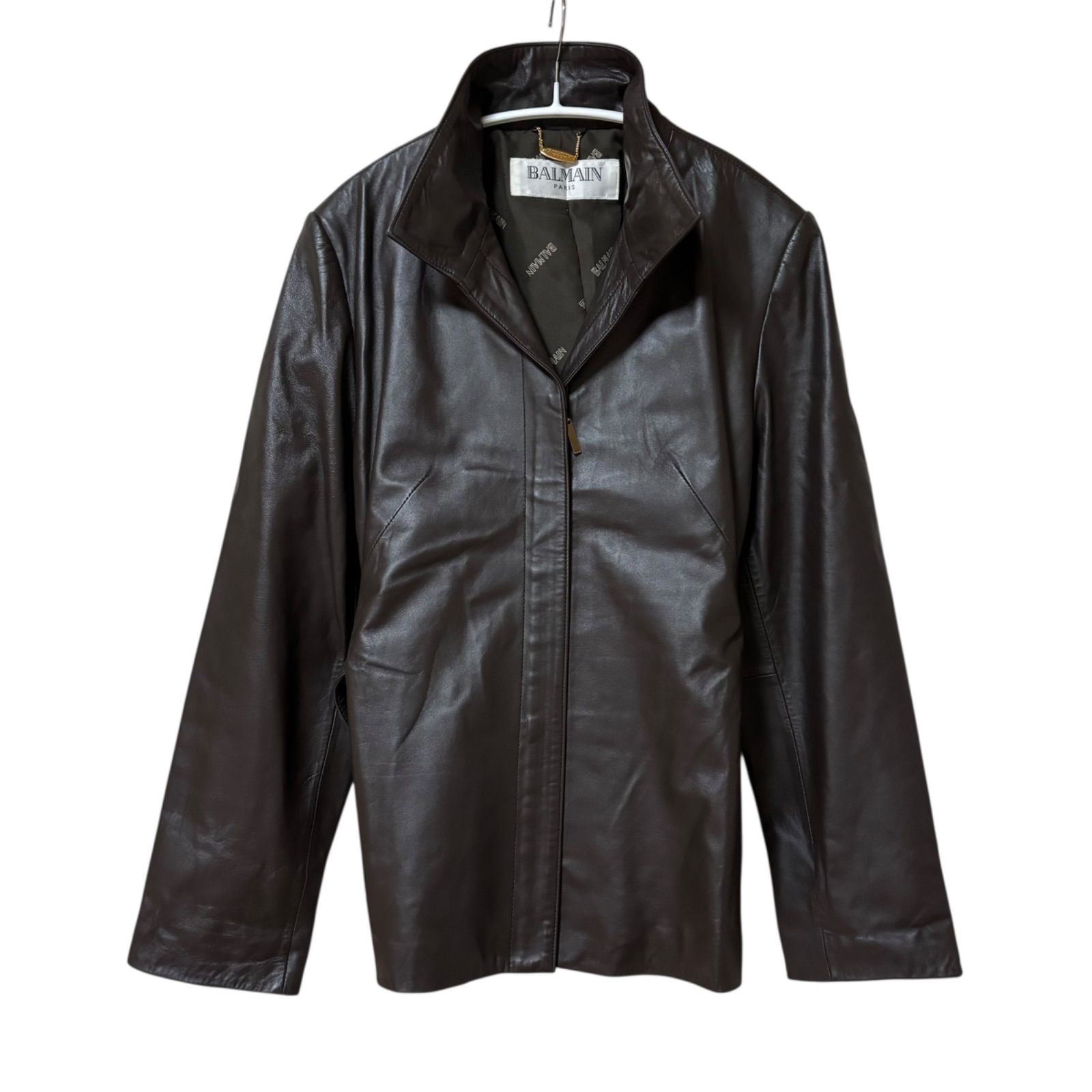 BALMAIN ラムレザー レザージャケット 裏地シルク100% 本革 シングル ZM1676 【美品】BALMAIN バルマン レザージャケット 羊革 ブラウン
