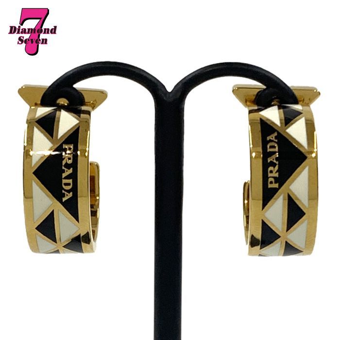 中古】PRADA プラダ ロゴ エナメル メタル ピアス フープピアス 三角