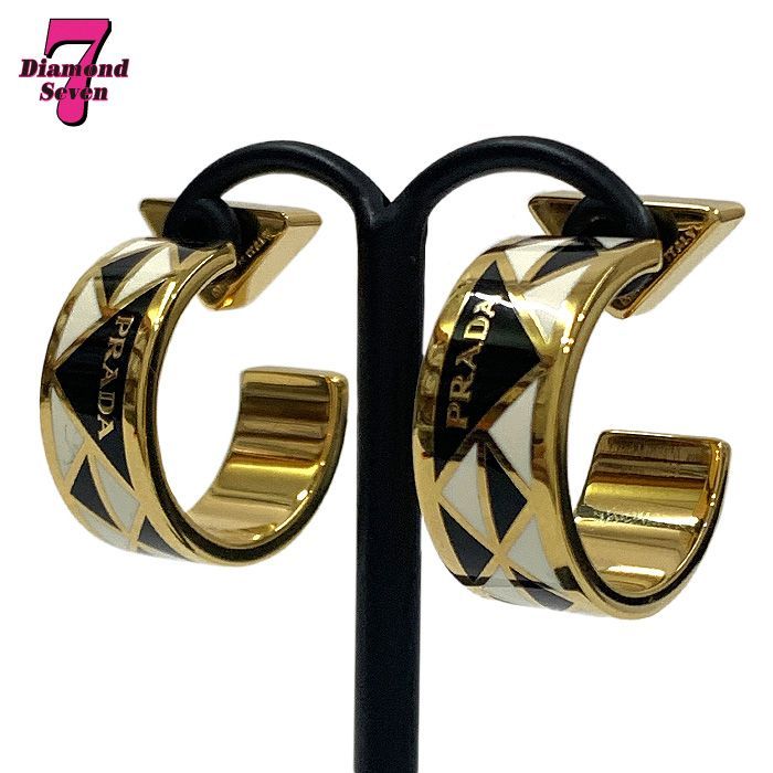 中古】PRADA プラダ ロゴ エナメル メタル ピアス フープピアス 三角