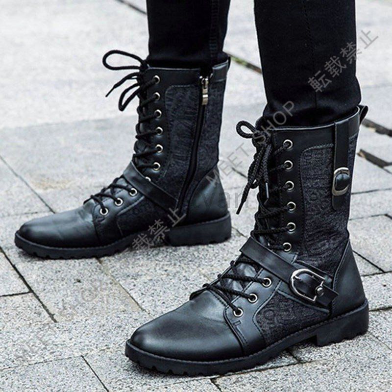 新品未使用 編み上げブーツ メンズ サイドジップ ベルト飾り 黒 ショート 秋冬 レースアップブーツ ワークブーツ ショートブーツ カジュアル バイク 靴 おしゃれ CZW1207P077