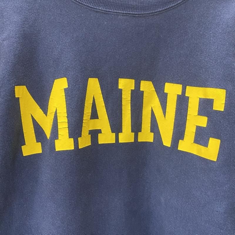 チャンピオン 90 s 00 刺繍タグ REVERSE WEAVE カレッジロゴスウェット MAINE プリント navy×yellow M 目あり メンズ ISItems 古着