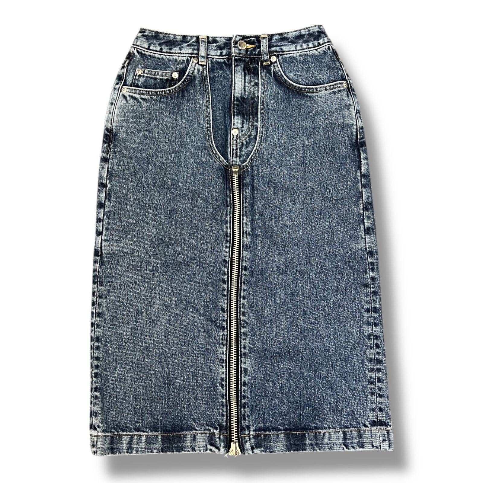 参考上代41800円 JOHN Washed denim zipped skirt ウォッシュドデニムジップスカート ミドル丈 ジョンローレンスサリバン JLSW-51 インディゴ