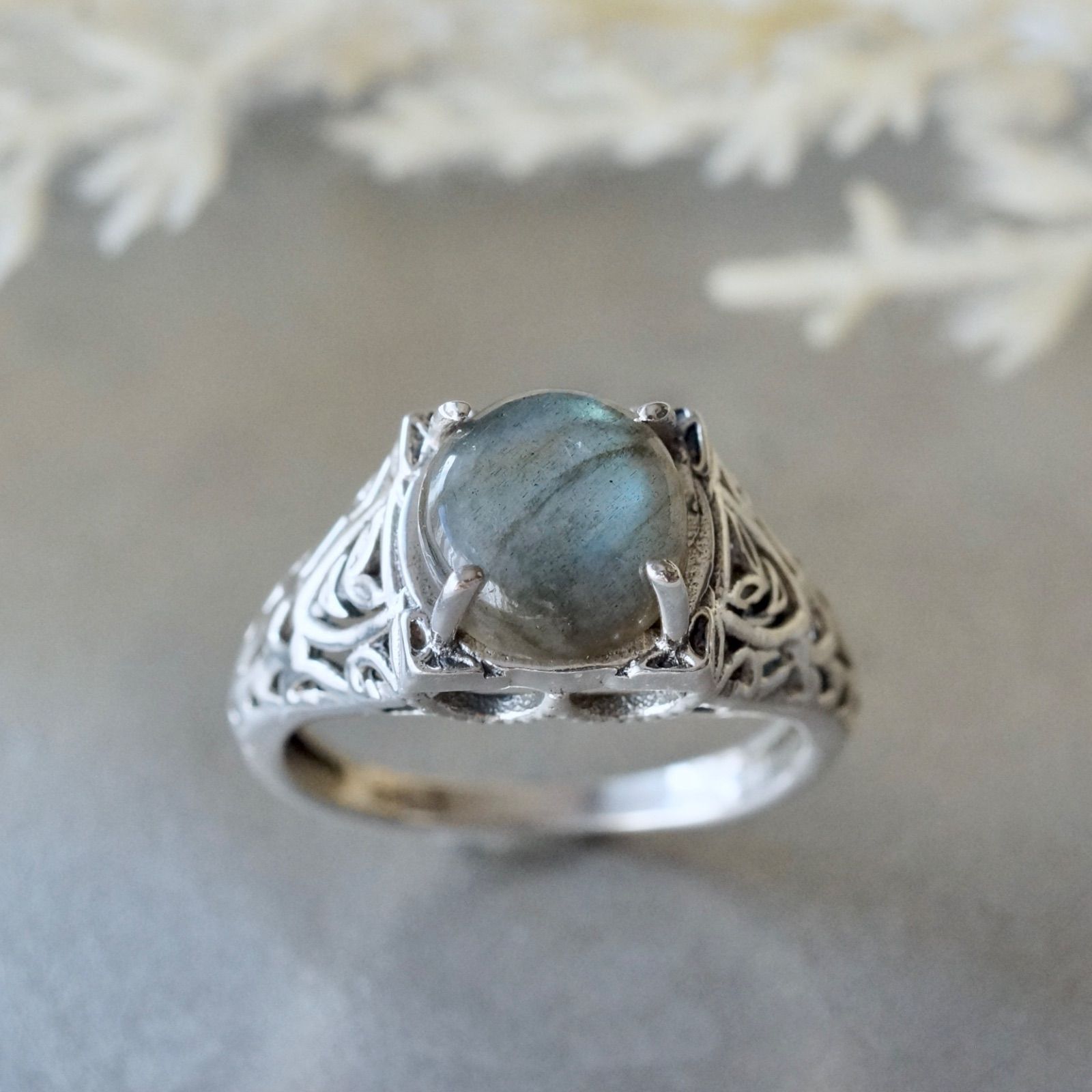 【新品未使用】 silver 925 天然石 ラブラドライト 透かしリングII ラブラドライト カボションカット 透かし彫りリング シルバー925 約