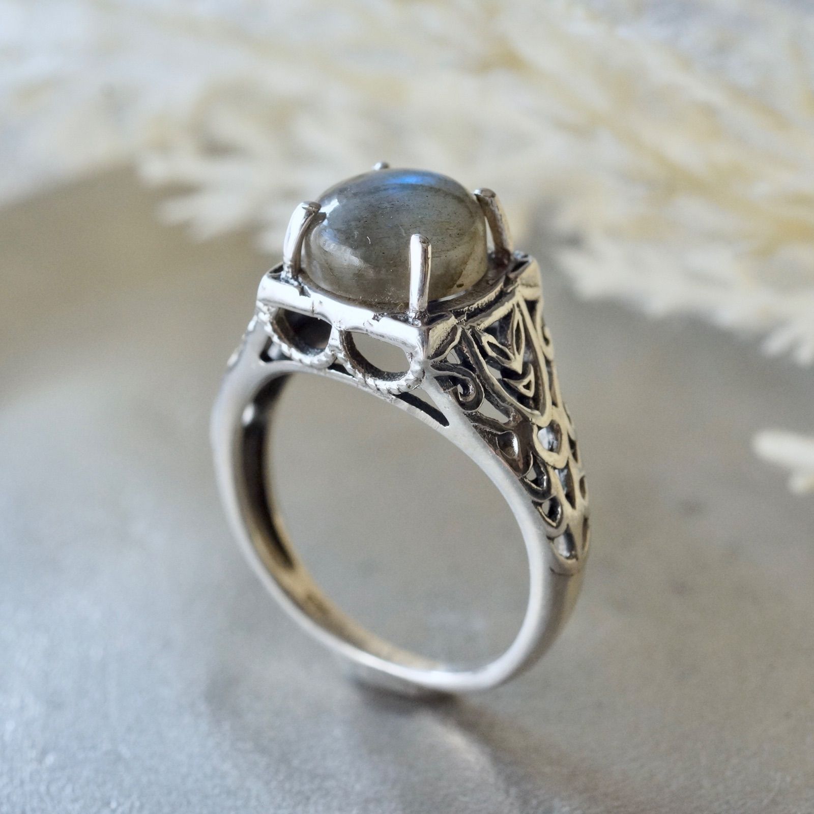 【新品未使用】 silver 925 天然石 ラブラドライト 透かしリングII ラブラドライト カボションカット 透かし彫りリング シルバー925 約