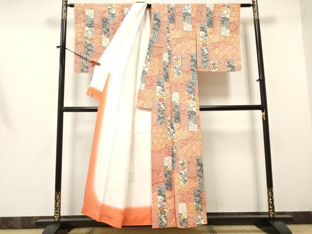 平和屋着物□上質な小紋 型染め 鹿の子立波花文 鬼しぼ縮緬 正絹 逸品