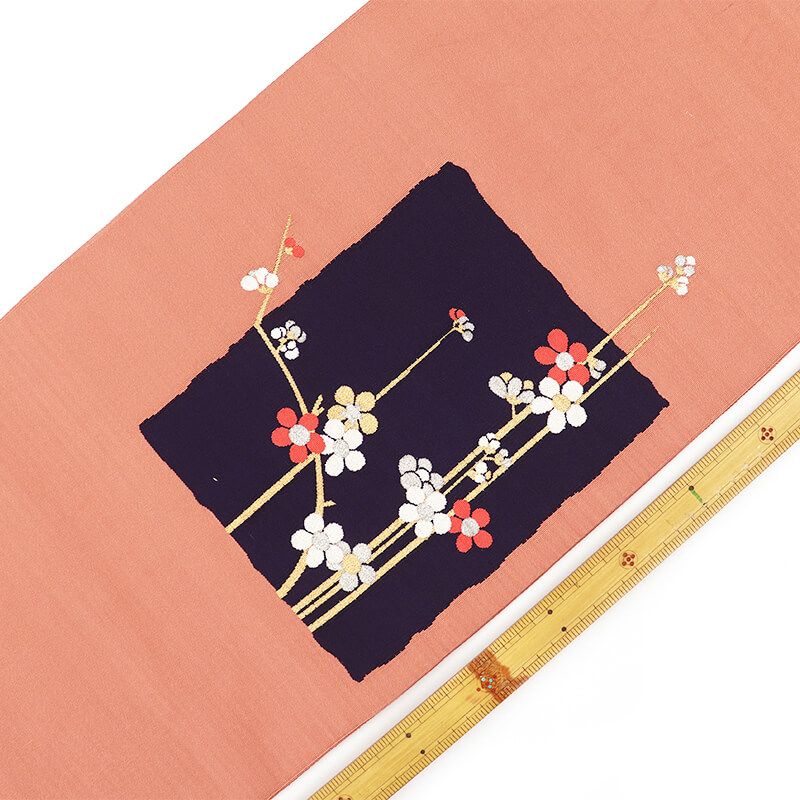 名古屋帯 正絹 八寸帯 お太鼓柄 茶桃 梅 綴れ つづれ 長さ351 cm 幅30 和装 普段使い おしゃれ着向き 着物 仕立て上がり