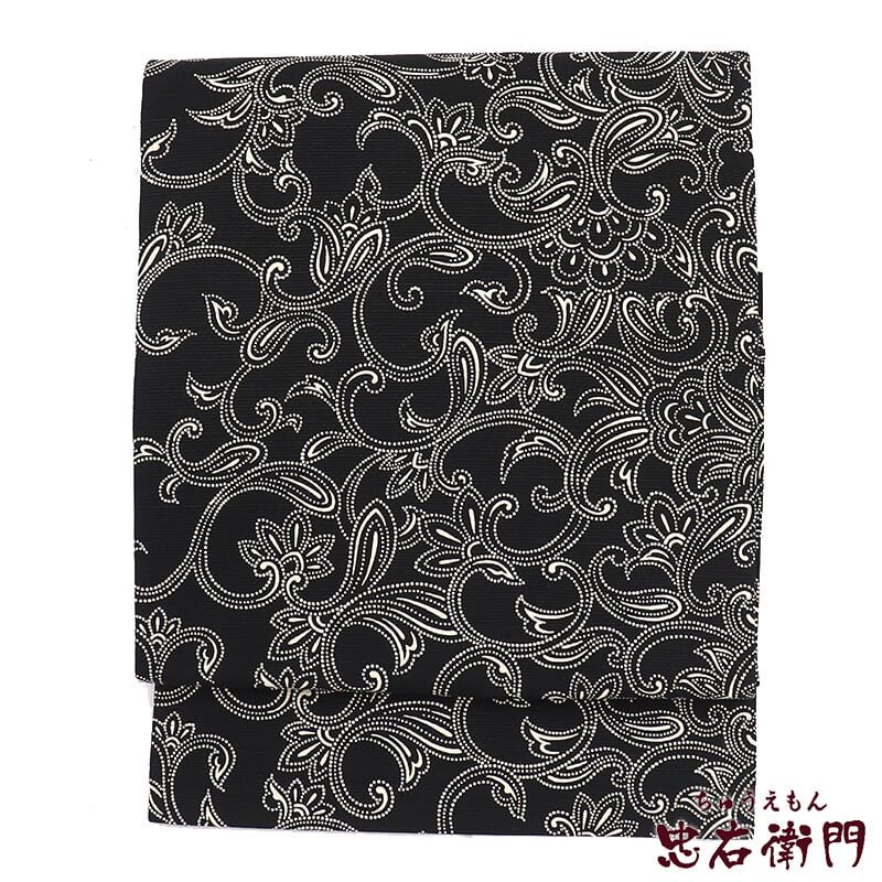 名古屋帯 正絹 九寸帯 全通柄 黒 唐草文 おしゃれ 長さ374 cm 幅30.5 和装 普段使い おしゃれ着向き 着物 仕立て上がり