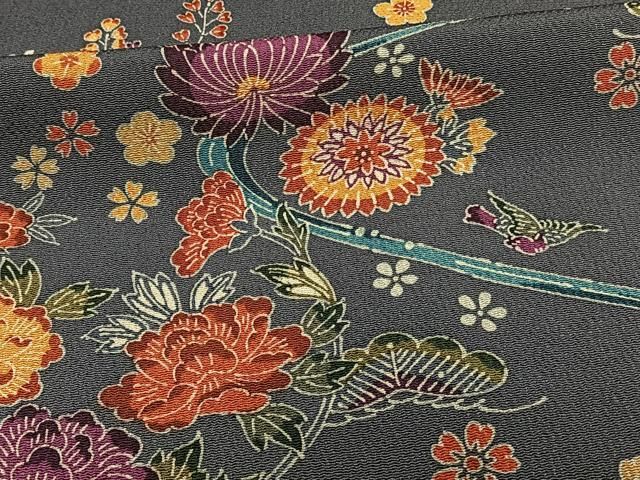 平和屋着物□上質な小紋 型染め 吉祥花鳥文 鬼しぼ縮緬 正絹 逸品