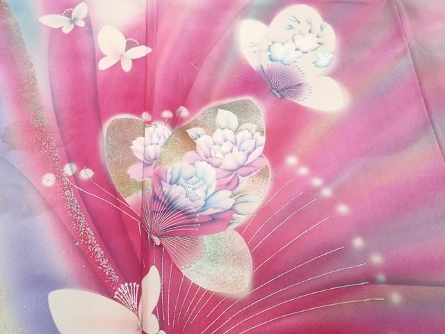 平和屋着物□写真家・秋山庄太郎 振袖 舞蝶花文 暈し染め 金銀彩 正絹