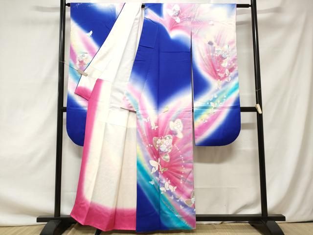 平和屋着物□写真家・秋山庄太郎 振袖 舞蝶花文 暈し染め 金銀彩 正絹