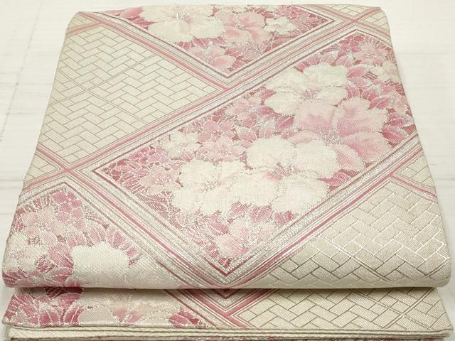 平和屋着物◎佐賀錦 六通柄袋帯 草花文 銀糸 正絹 逸品 DAAZ8561qa