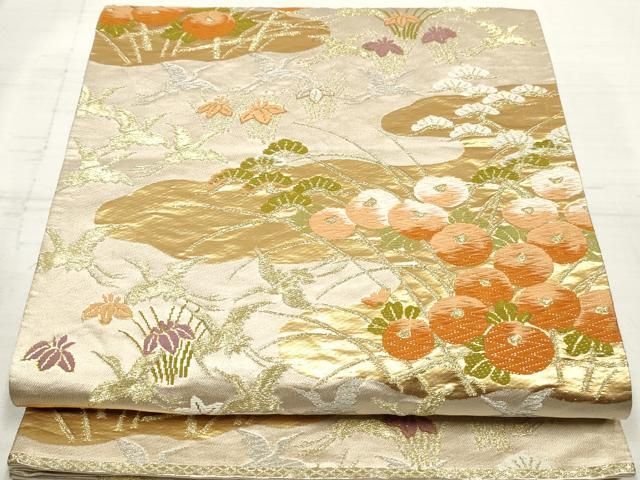 平和屋着物◎六通柄袋帯 唐織 群れ鶴花文 金銀糸 正絹 逸品 DAAZ8582qa