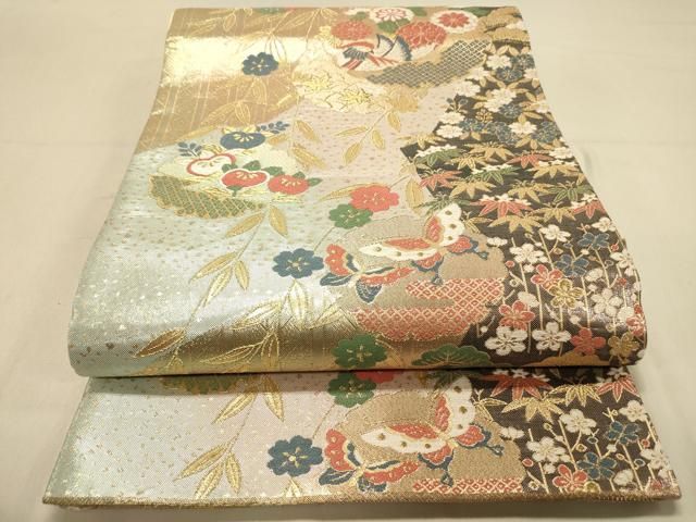 たけうち ゆうや出品 平和屋着物◎六通柄袋帯 雪輪花蝶文 松竹梅 金糸 正絹 逸品 未使用