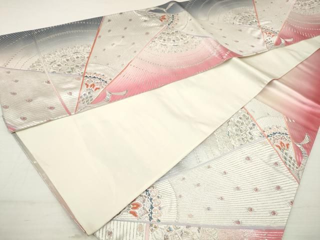 5k2364 袋帯　絹　唐織　孔雀　白　ピンク　銀色　花柄　和装　着物 平和屋着物◎六通柄袋帯 唐織 孔雀花文 金銀糸 正絹 逸品 DAAZ8594qa