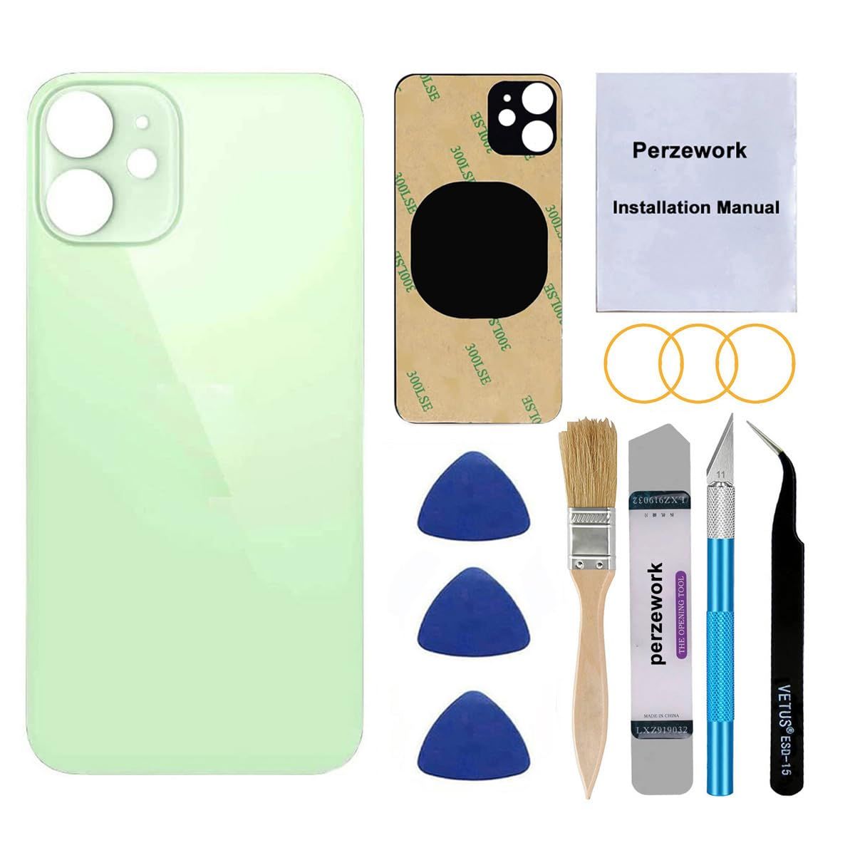 Perzework OEM リアバックガラス iPhone 12 Mini 5.4インチ (グリーン) 修理ツールキット付き [グリーン]