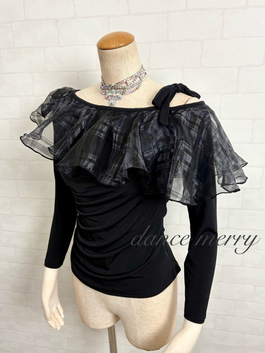 新品 社交ダンス ツーピース セットアップ 黒 チェック パーティ 2046
