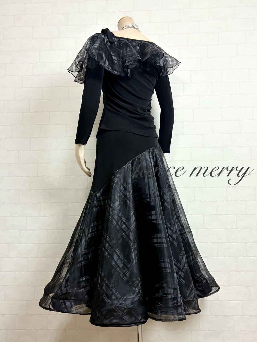 新品 社交ダンス ツーピース セットアップ 黒 チェック パーティ 2046