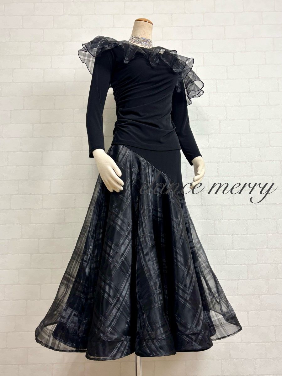 新品 社交ダンス ツーピース セットアップ 黒 チェック パーティ 2046